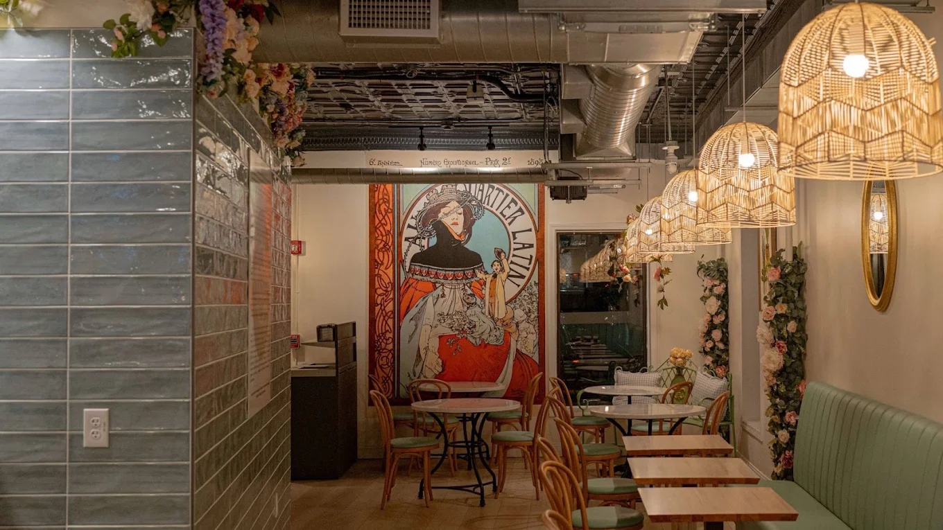 The pastel, floral interior of Grill and Green Kitchen — a little Paris in Worcester